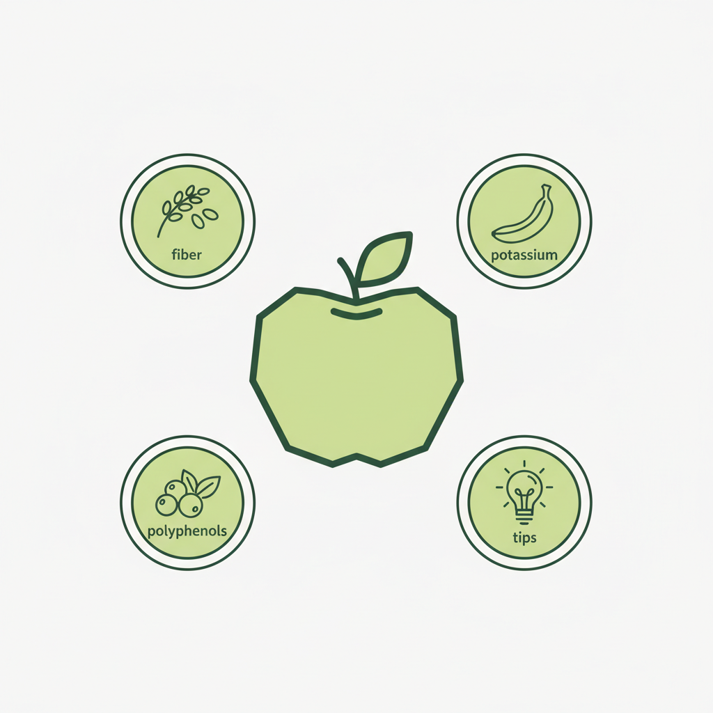 Apfel gegen Bluthochdruck: minimalistische Vektor-Infografik mit zentralem Apfel-Icon und Icons für Ballaststoffe, Kalium, Polyphenole und Tipps in Schnell Lecker Farben.