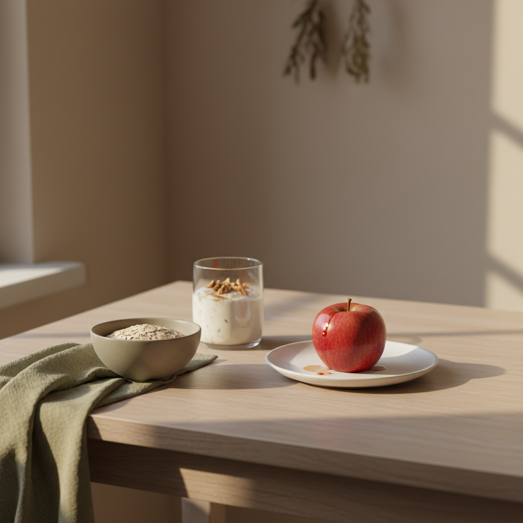 Stillleben: frisch geschnittener Apfel neben Joghurt mit Nüssen und Haferflocken auf Holztisch, warmes Licht — Apfel gegen Bluthochdruck