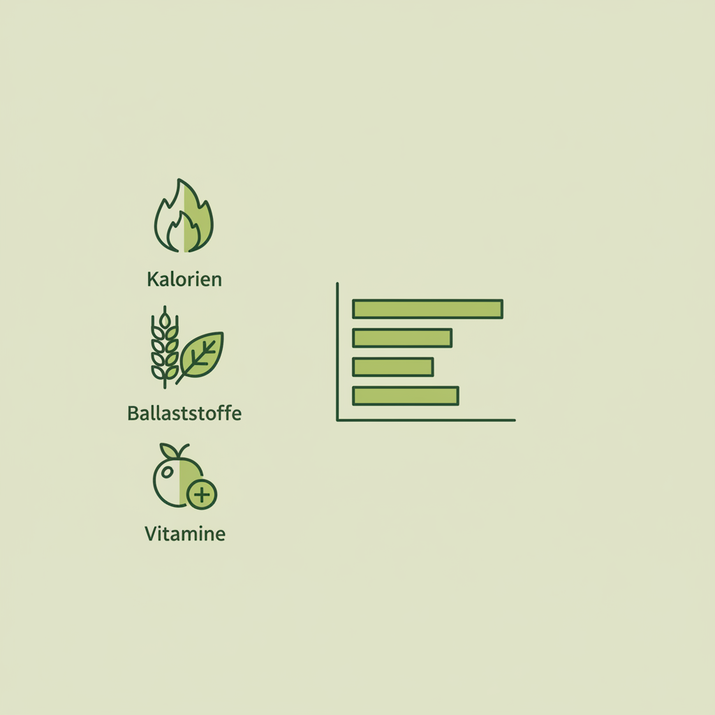 Minimalistische 2D-Vektor-Infografik mit Icons für Kalorien, Ballaststoffe und Vitamine sowie kleinem Balkendiagramm, passend zu jeden Tag 1 Apfel zu essen