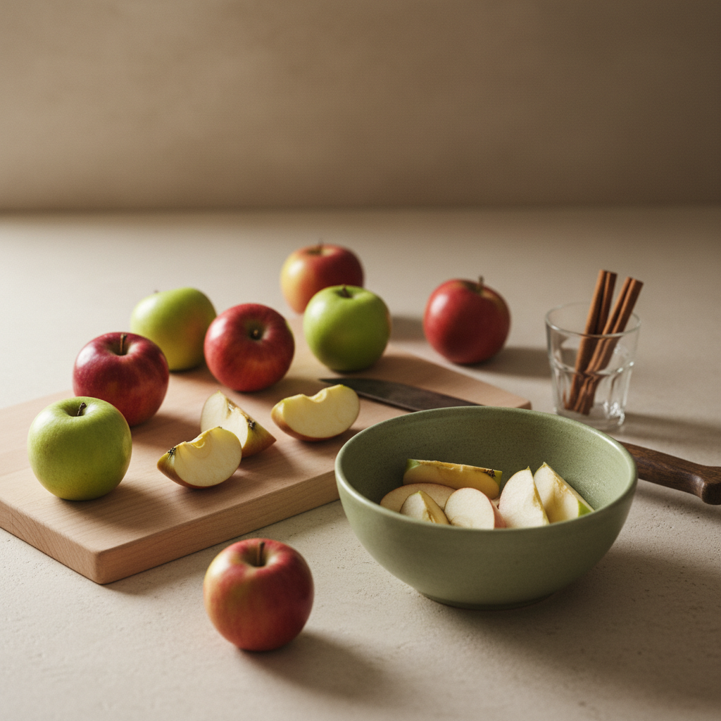 Nahaufnahme eines sauberen Küchenarbeitsplatzes mit ganzen und geschnittenen Äpfeln, rustikalem Messer und Glas mit Zimtstangen – motivierend, jeden Tag 1 Apfel zu essen.