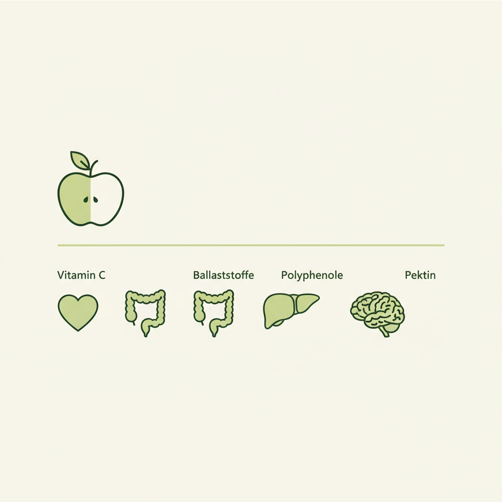 Minimalistische 2D-Infografik: Für welches Organ sind Apfel gut – Vektoricons Herz, Darm, Leber, Gehirn und Apfel-Symbol in Schnell-Lecker-Farben.