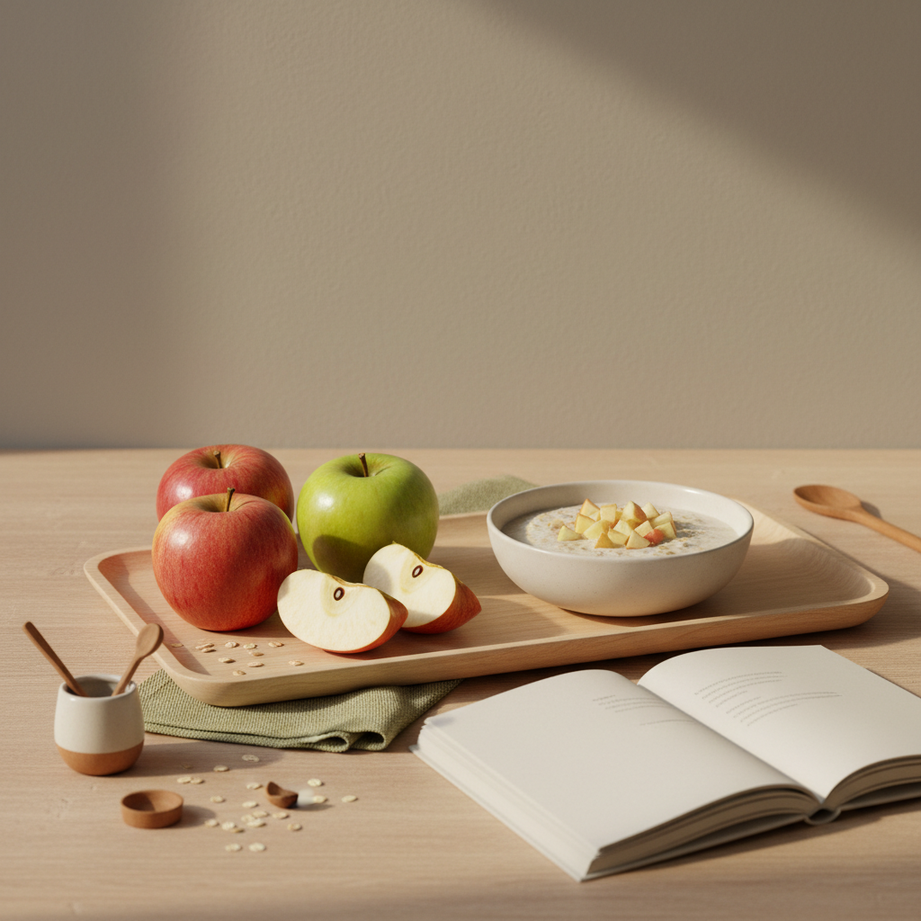 Für welches Organ sind Apfel gut – Holztablett mit Boskop, Gala und Granny Smith, Schüssel Haferflocken mit Apfelstücken und offenem Rezeptbuch vor #dbdbcf-Hintergrund.