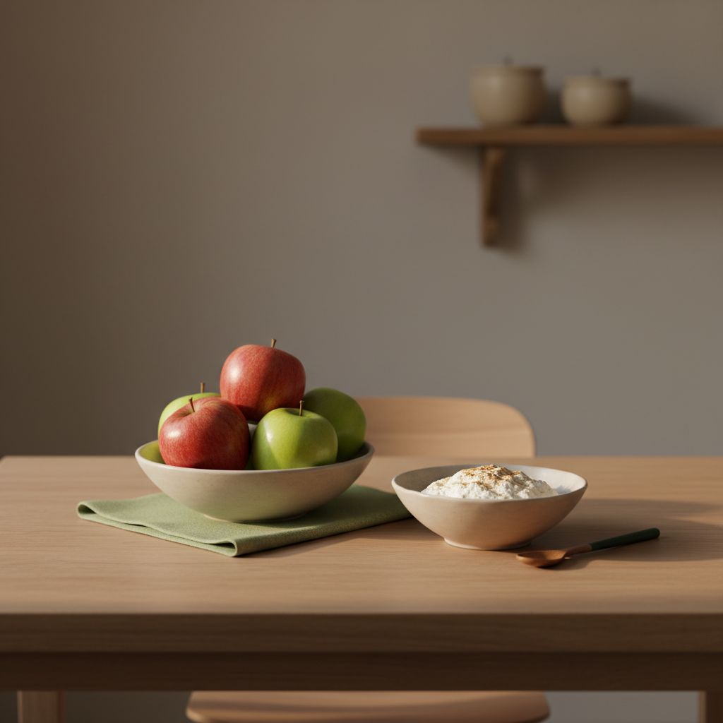 Apfel am Abend: Heimeliges Küchenmotiv mit Holztisch, Obstschale mit Äpfeln und kleiner Schüssel Quark mit Zimt, dezente Markenfarben #dbdbcf, #a5cd8d, #21431f.