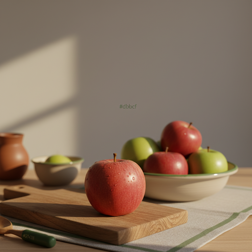 Nahaufnahme eines gewaschenen Apfels auf rustikalem Holzbrett neben Schüssel mit gemischten Äpfeln und Tautropfen in warmer heimischer Küche – äpfel und herzgesundheit