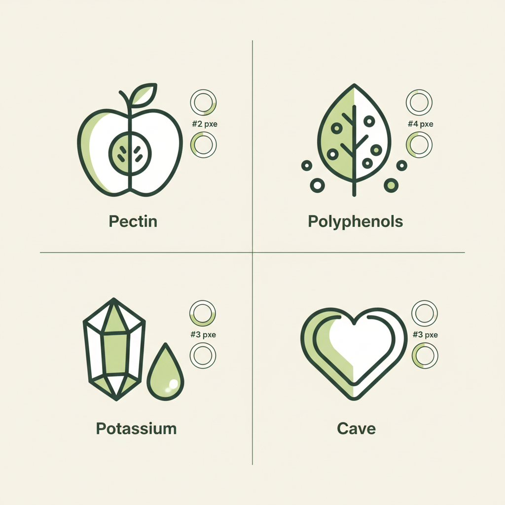 Minimalistische 2D-Vektor-Infografik zu Äpfel und Herzgesundheit mit Icons für Pektin, Polyphenole, Kalium und Herz in Schnell Lecker Markenfarben