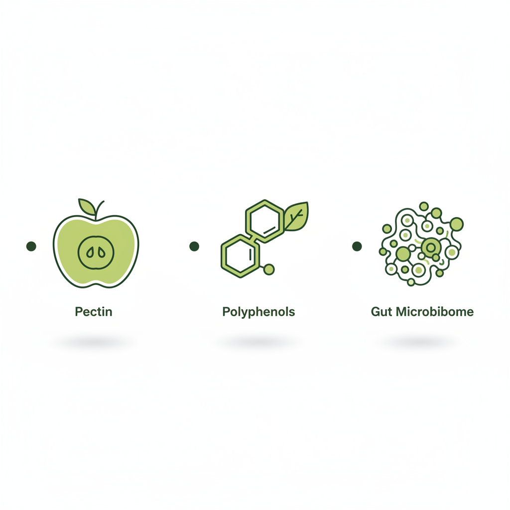 Minimalistische 2D-Vektor-Infografik in Markenfarben mit drei Icons (Apfelscheibe Pektin, Molekül-Symbol Polyphenole, Darmmikrobiom-Cluster) – Heilkraft Apfel