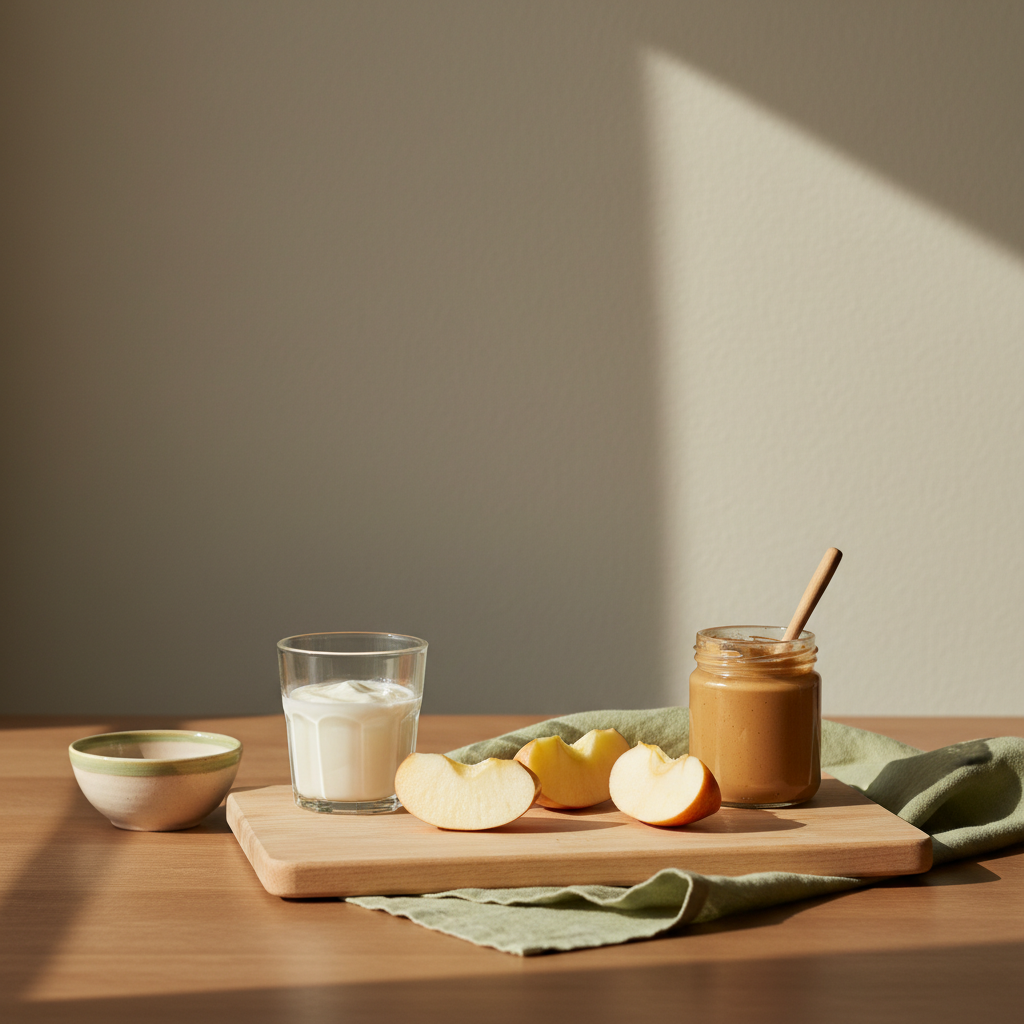 Heilkraft Apfel: Heimelige Küchenszene mit Schneidebrett, frisch geschnittenen Apfelscheiben, Glas Joghurt und Nussmus vor hellem #dbdbcf Hintergrund