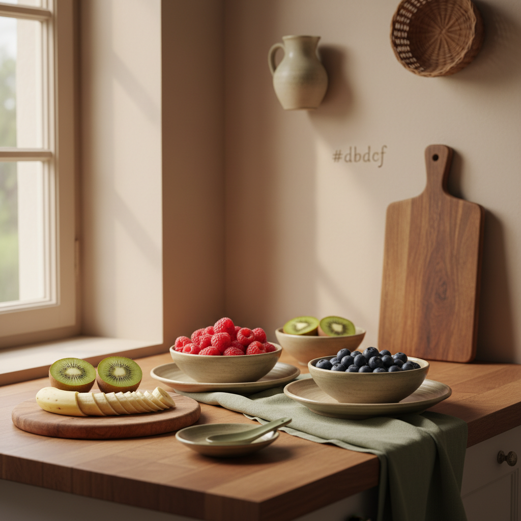 Nahaufnahme einer Küchenarbeitsplatte mit Schalen voller Beeren, geschnittenen Kiwis und Bananen auf Holzbrett, warmes europäisches Styling, Hintergrund #dbdbcf – obst blutdruck senken
