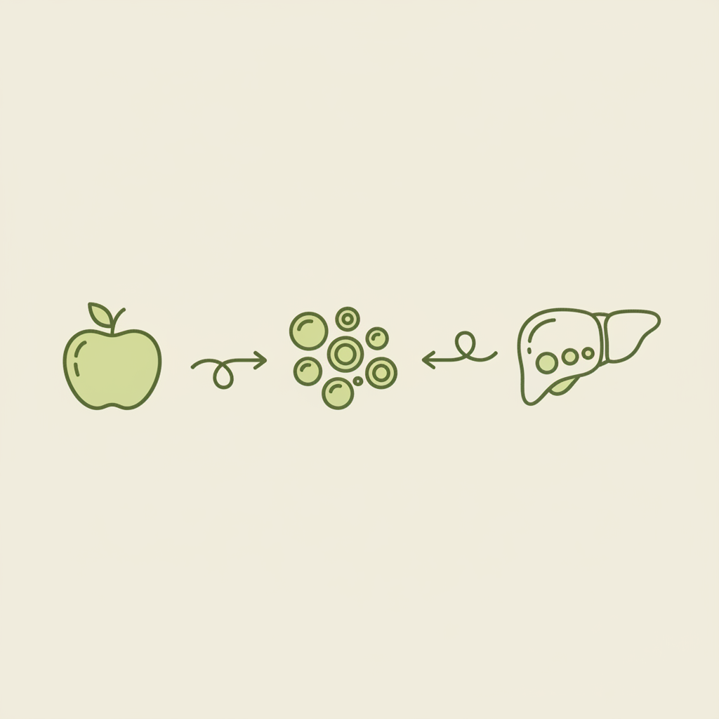 Minimalistische 2D-Vektorinfografik mit Apfel-, Darm-Mikrobiom- und Leber-Icon, abnehmende Fetttröpfchen — zeigt Zusammenhang Äpfel Lebergesundheit.
