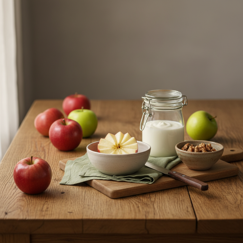 Rustikales Stillleben mit ganzen und geschnittenen Äpfeln, Joghurtglas und Walnüssen auf Holztisch in warmer Beleuchtung – Äpfel Lebergesundheit