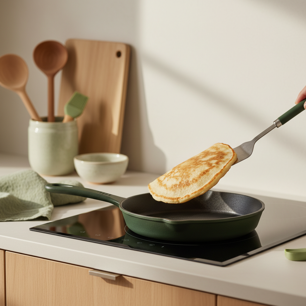 Nahaufnahme einer minimalistischen Küche beim pfannkuchen braten: Pfanne auf dem Herd, Pfannkuchen wird gewendet, Utensilien im Hintergrund, warme Akzente #dbdbcf #a5cd8d #21431f