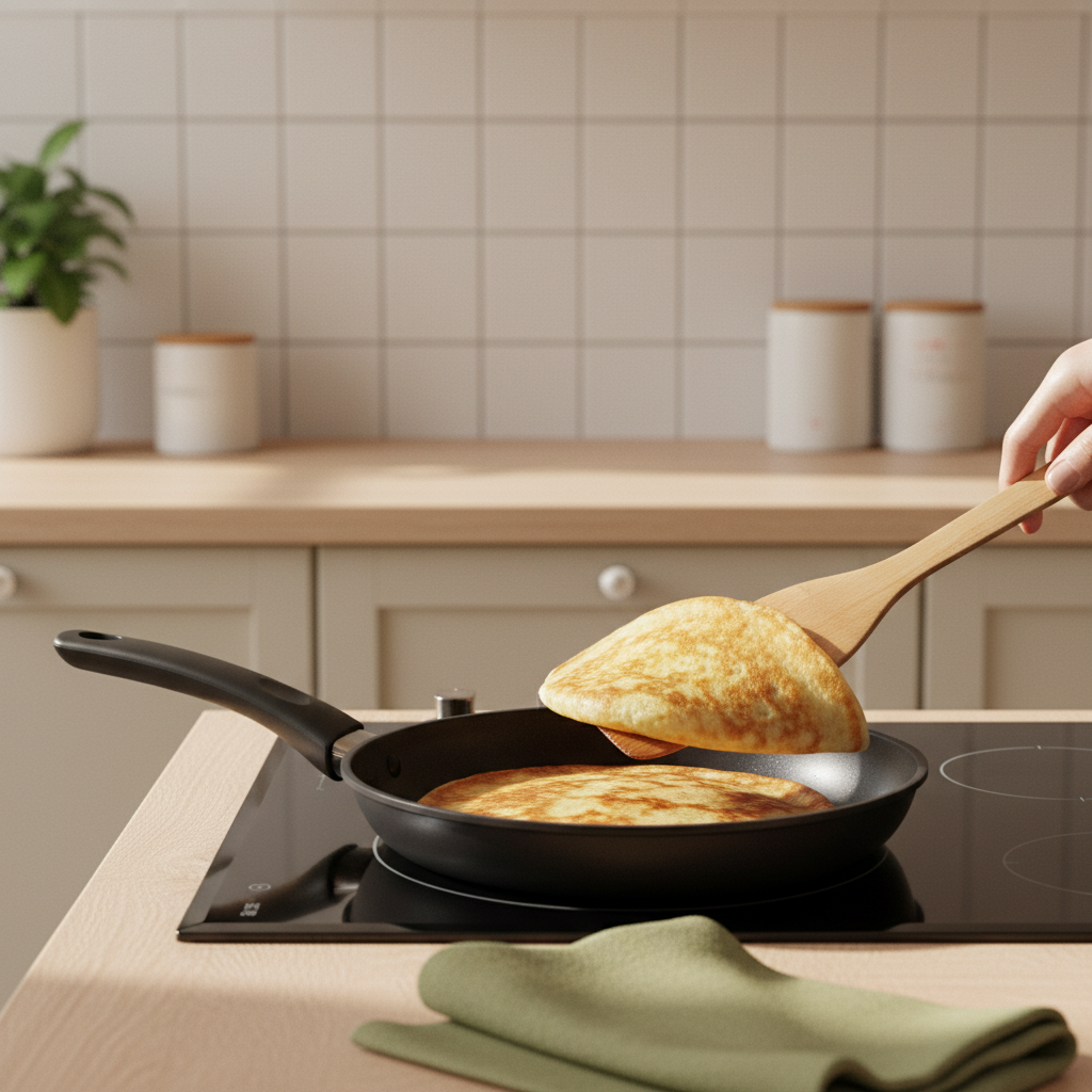 Wie brate ich Pfannkuchen richtig? Nahaufnahme einer goldenen Pfannkuchenhälfte in Pfanne auf Herd, warmes Tageslicht, grüne Serviette #a5cd8d, neutraler Hintergrund #dbdbcf