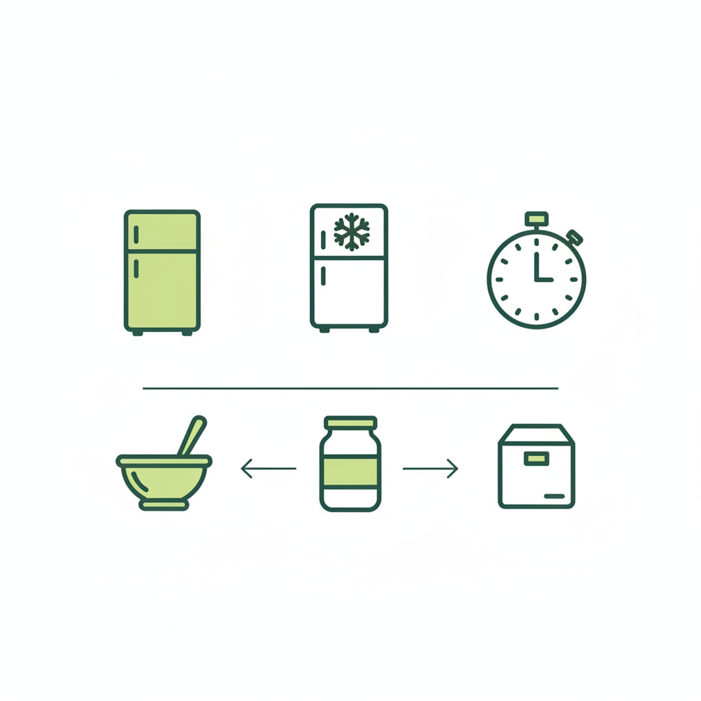Infografik zum Waffelteig vorbereiten: minimalistische 2D-Vektor-Icons für Kühlschrank, Gefrierfach und Lagerzeiten in Schnell-Lecker-Farben.