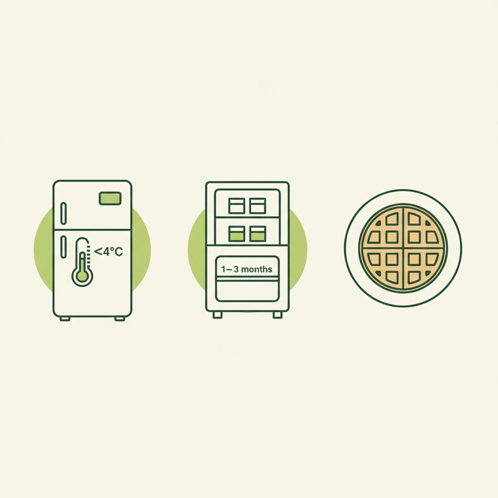 Minimalistische Vektor-Infografik zum Waffelteig vorbereiten mit drei Icons: Kühlschrank (≤4°C-Visual), Gefrierschrank (1–3 Monate als drei Kästchen), Probetest-Waffel, Markenfarben.