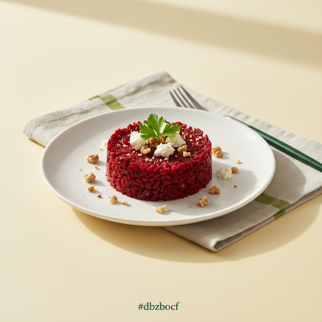 Teller mit geriebene Rote Bete, Feta, Walnüssen und Petersilienzweig auf hellem Hintergrund #dbdbcf, subtile grüne Akzente #a5cd8d, warmes heimisches europäisches Ambiente.