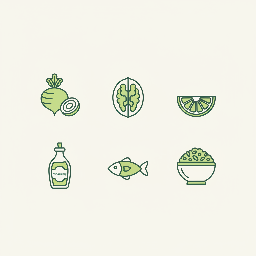 Minimalistische 2D-Vektor-Infografik für rote-bete-salat mit Icons: Rote Bete, Nüsse, Zitrus, Dressing-Flasche, Fisch und Körner in Schnell-Lecker-Farben.
