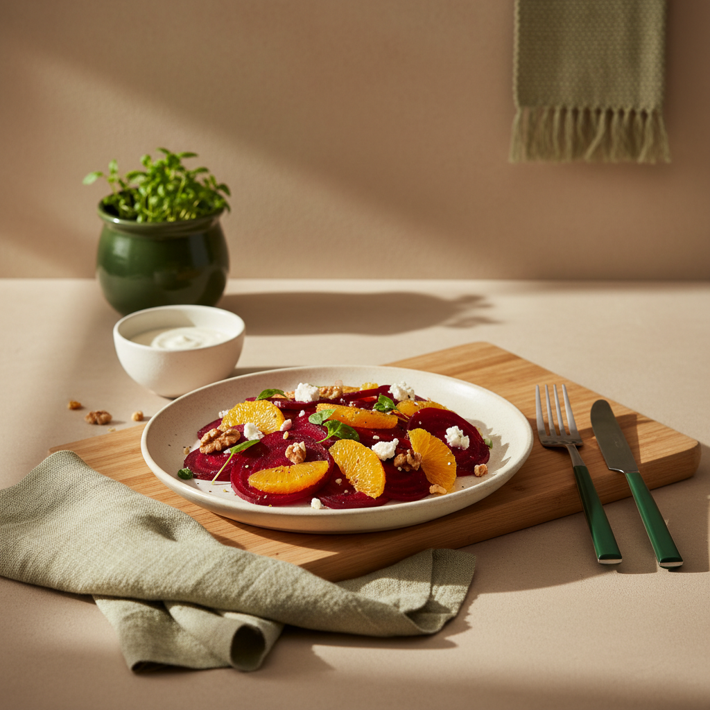 Vollformataufnahme eines Keramiktellers mit rote-bete-salat, Orangenspalten, Ziegenkäse und Walnüssen vor Hintergrund #dbdbcf in minimalistischer, heimeliger Küchenszene