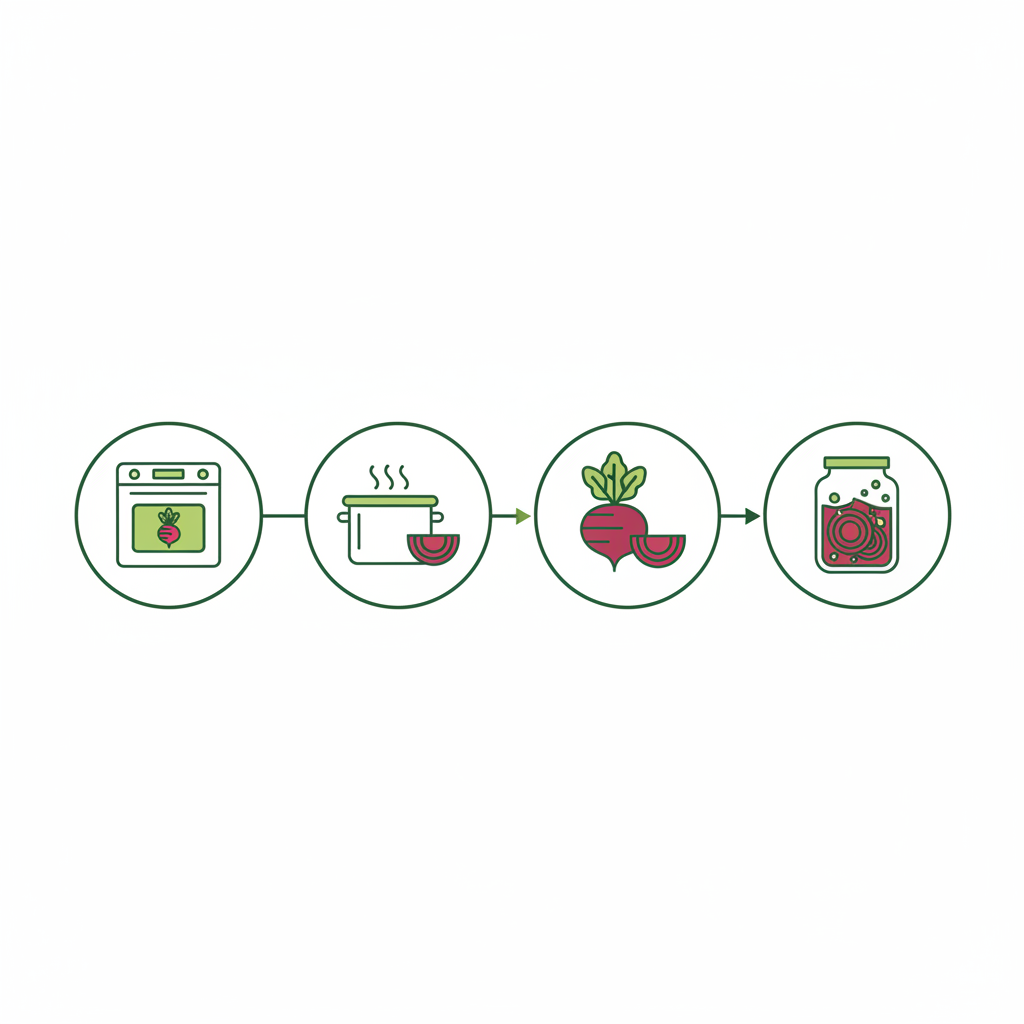 Minimalistische 2D-Vektor-Infografik mit vier Icons zur Zubereitung von Roter Bete (rösten, kochen, roh, fermentieren) im Schnell Lecker Farbstil – Wie schmeckt Rote Bete am besten?