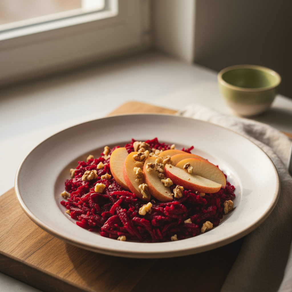 Nahaufnahme einer rustikalen Servierplatte mit geraspelter rohe Rote Bete, Apfelspalten und Walnüssen vor Hintergrund #dbdbcf, minimalistisch und warm.