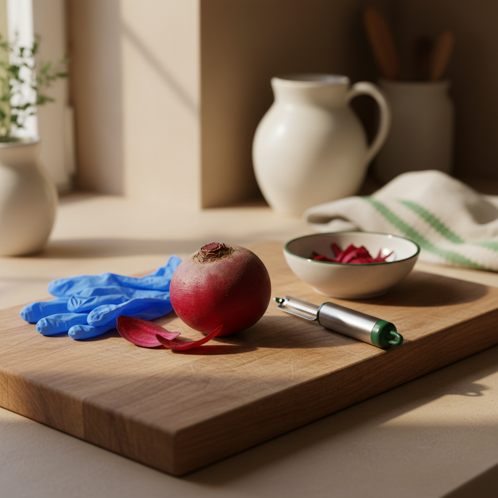 Nahaufnahme einer heimischen Küche: Schneidebrett mit halb geschälter roter Bete, Sparschäler, Nitrilhandschuhe und kleine Schüssel bei warmem Fensterlicht — Rote Bete schälen