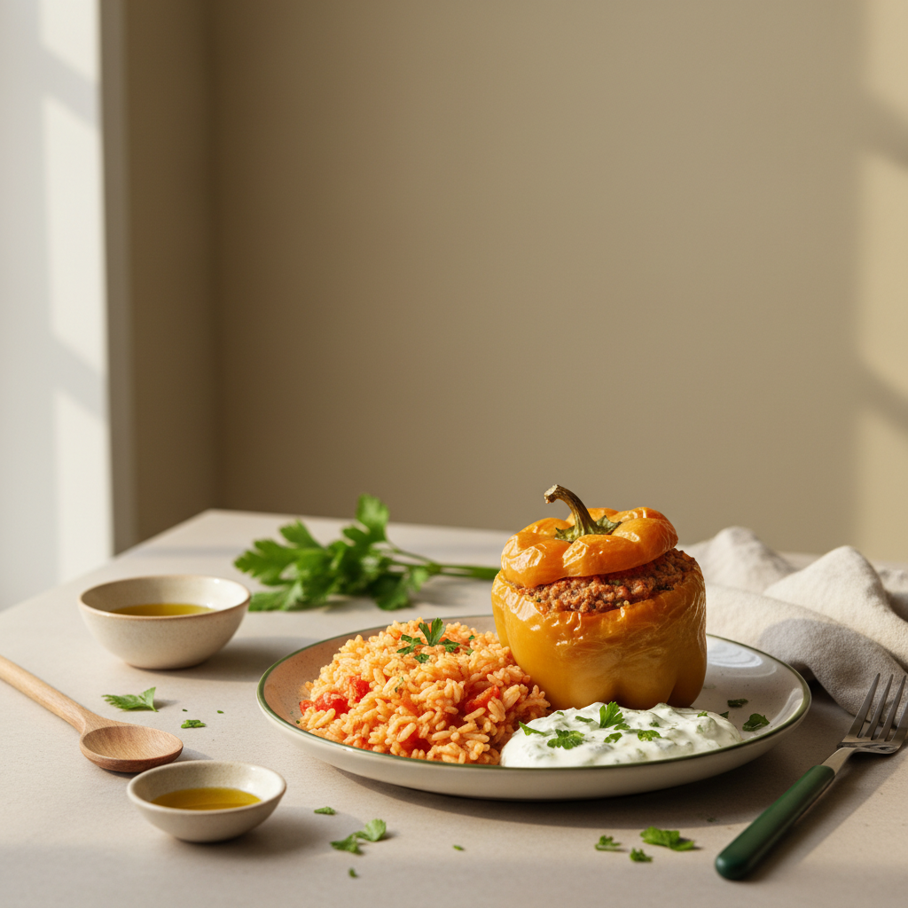 Beilagen zu gefüllter Paprika: Teller mit gefüllter Paprika, Tomatenreis und Gurken-Joghurt auf hellem #dbdbcf Hintergrund, warme heimelige Lichtstimmung