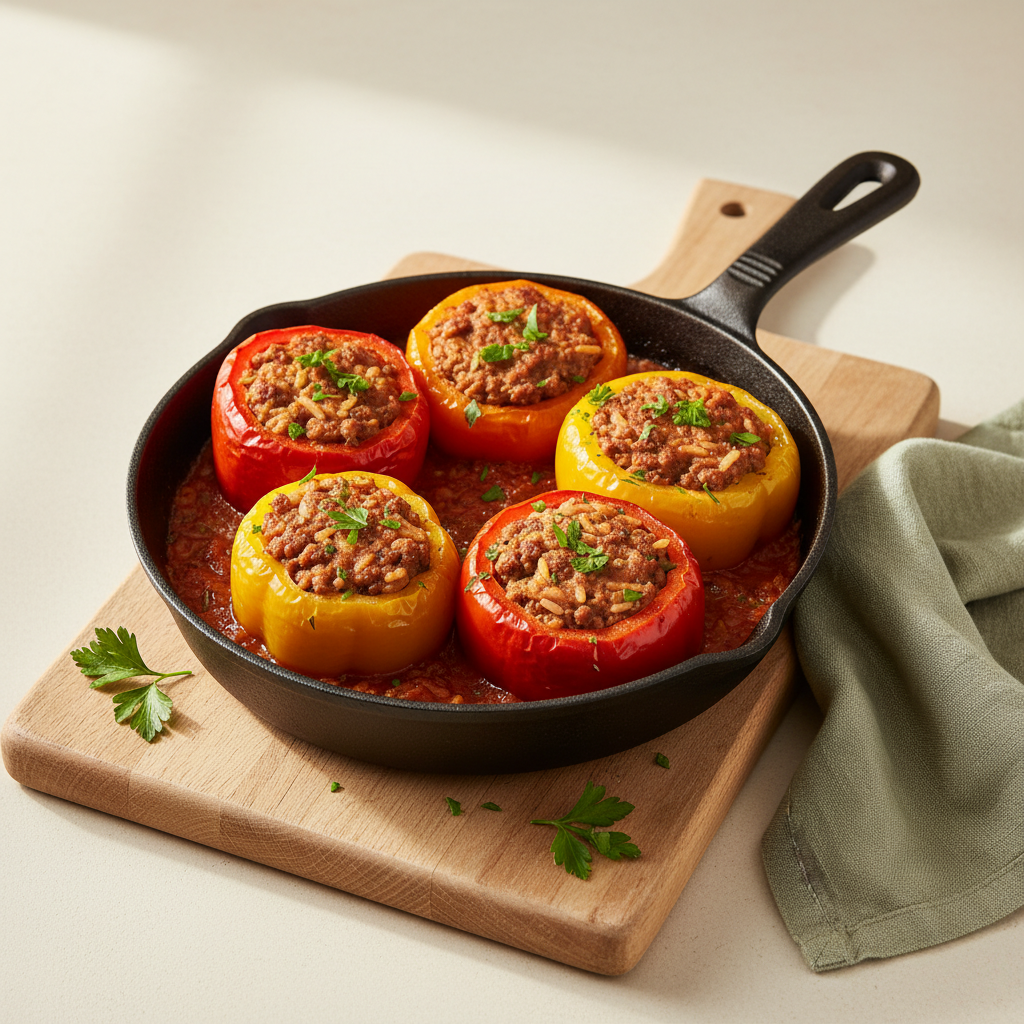 Wie lange brauchen gefüllte Paprika in der Pfanne? Nahaufnahme bunter gefüllter Paprika in einer schweren Pfanne auf Holzbrett, warmes minimalistisches europäisches Küchen-Set im Schnell Lecker Farbstil