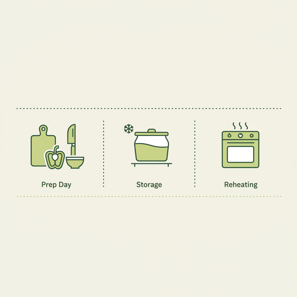 Minimalistische 2D-Vektor-Infografik mit drei Icons und Timeline zur Vorbereitung, Lagerung und Erwärmung von gefüllte Paprika am Vortag