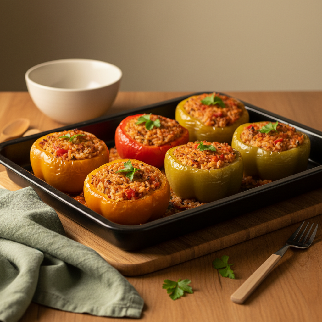 Nahaufnahme eines Backblechs mit mehreren gebackenen gefüllten Paprika am Vortag auf einem hölzernen Tisch, minimalistisches Küchendekor in Markenfarben