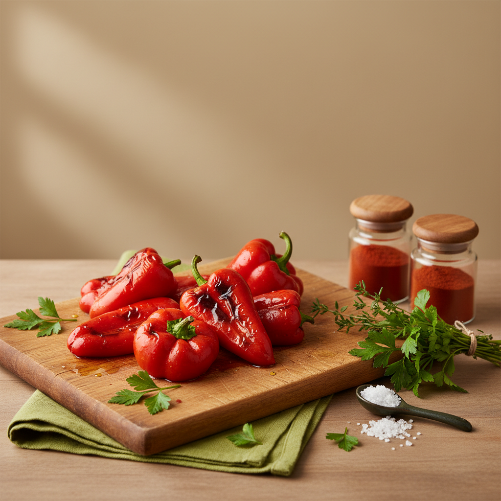 Geröstete Paprika auf Holzbrett mit Paprikapulver in Gewürzgläsern und Kräuterbündel – welches Gewürz passt gut zu Paprika in heller, minimaler Küchenszene.