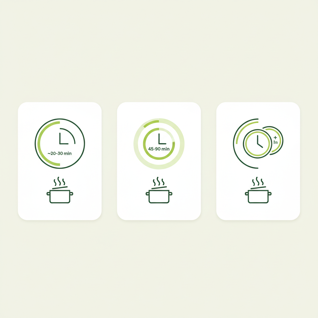 Wie lange muss Tomatensoße kochen? Minimalistische 2D-Vektor-Infografik mit drei visuellen Uhren/Progress-Ringen für 20–30 Min, 45–90 Min und 2+ Std in Markenfarben.