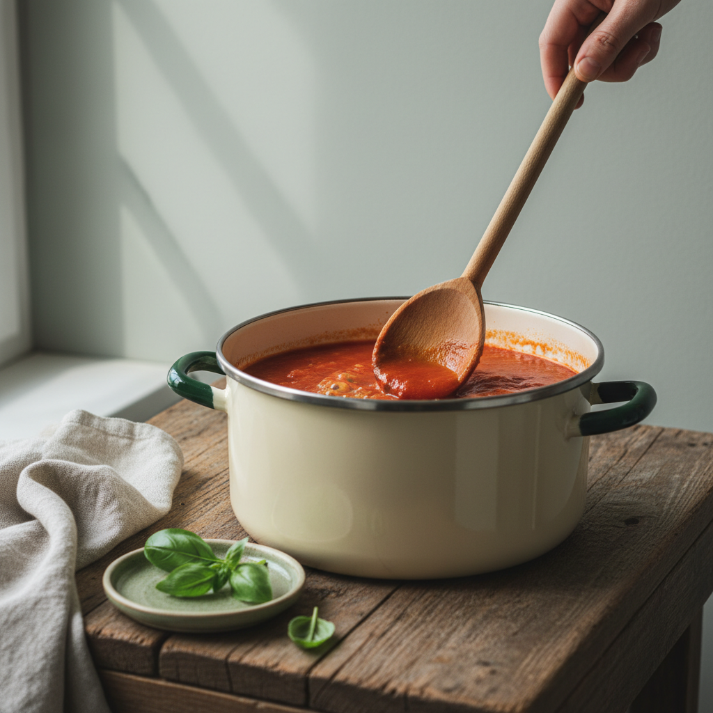Nahaufnahme einer Holzlöffel, der eine köchelnde Tomatensoße im schweren Topf rührt, Basilikum daneben, warmes heimisches Küchen-Setup mit Hintergrund #dbdbcf — Wie lange muss Tomatensoße kochen?