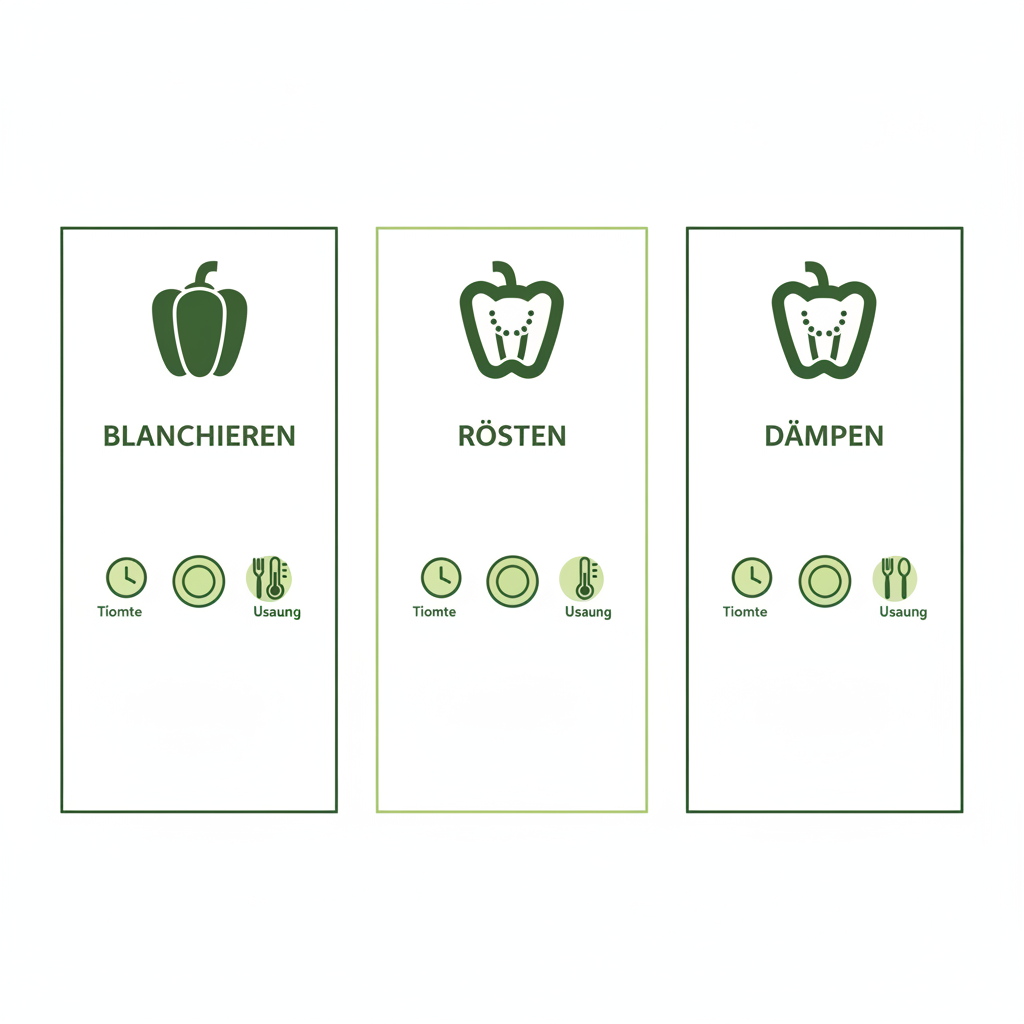 Minimalistische 2D-Vektor-Infografik: Paprika vorkochen – drei Spalten für Blanchieren, Rösten und Dämpfen mit Icons für Zeit, Temperatur und Verwendung.
