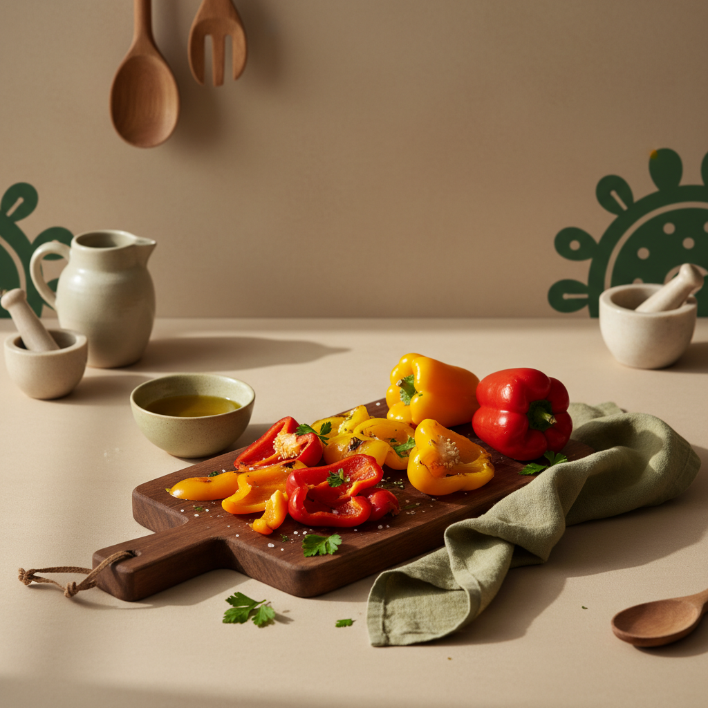 Paprika vorkochen: Geröstete und blanchierte Paprika auf Holzbrett in einem minimalistischen europäischen Küchen-Setup, Hintergrund #dbdbcf, Akzente #a5cd8d