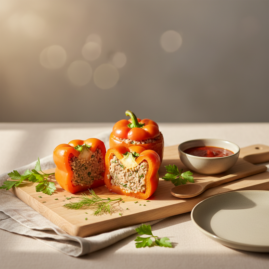 Vollbildaufnahme von gefüllte Paprika weich auf Holzbrett, halbiert mit sichtbarer weicher Füllung, warmes Tageslicht, minimalistischer Hintergrund #dbdbcf und Akzente #a5cd8d.