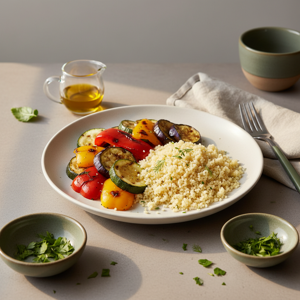 Nahaufnahme eines Tellers mit Couscous, gegrilltem Gemüse und kleinem Glas Olivenöl in warmer, minimalistischer europäischer Küchenatmosphäre, Hintergrund #dbdbcf