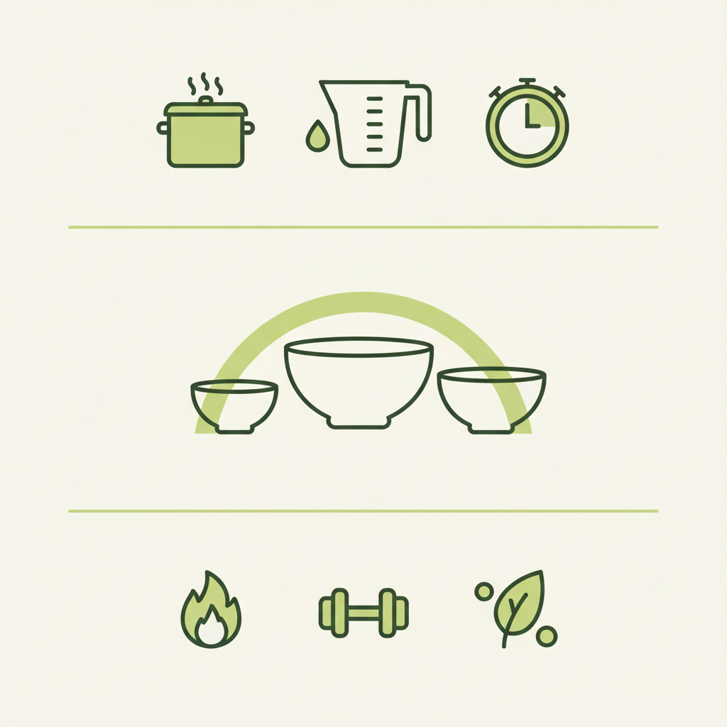 Minimalistische 2D-Infografik zu Couscous mit Vektor-Icons für Kochschritte, Portionsguide und Nährstoffsymbole in Schnell Lecker Markenfarben.