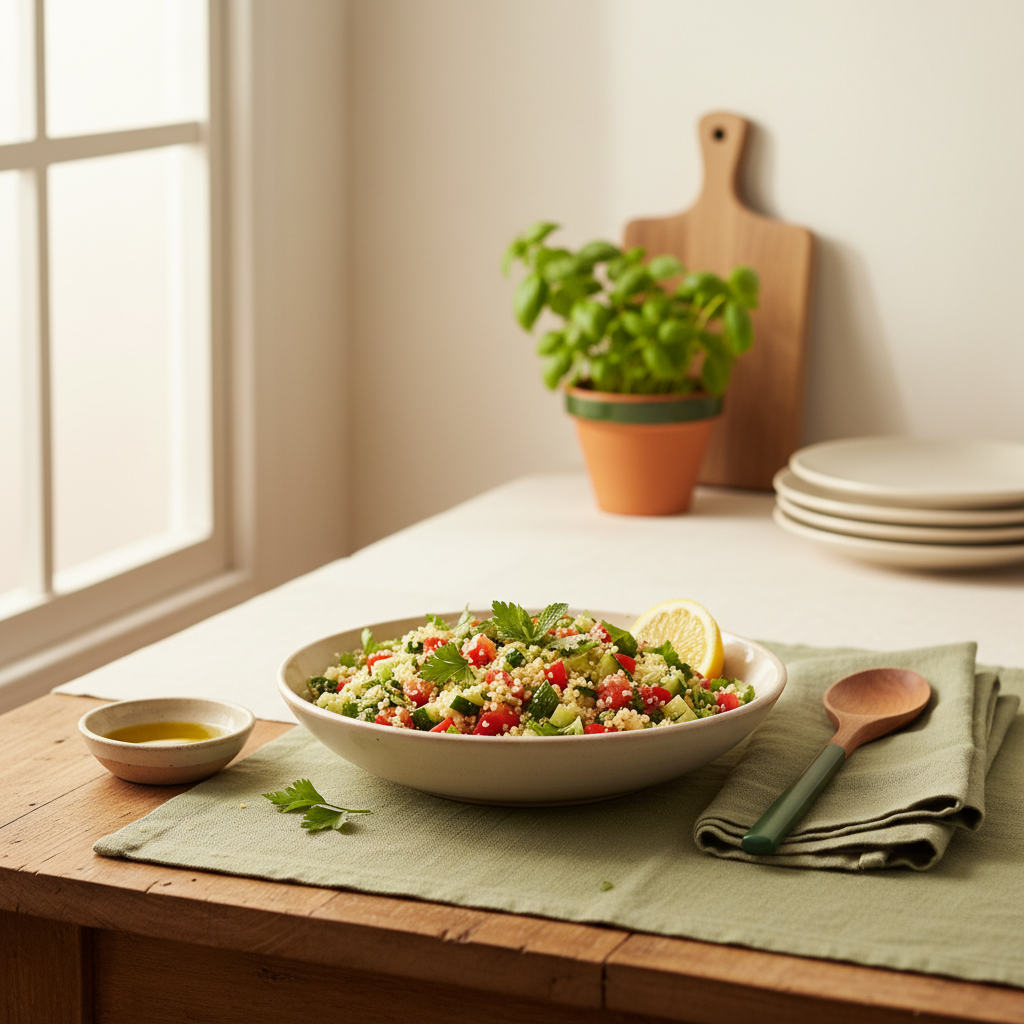 Couscous Salat auf hellem Keramikteller mit frischen Kräutern, Zitronenscheibe und minimaler Deko in Markenfarben – couscous salat einen tag vorher zubereiten