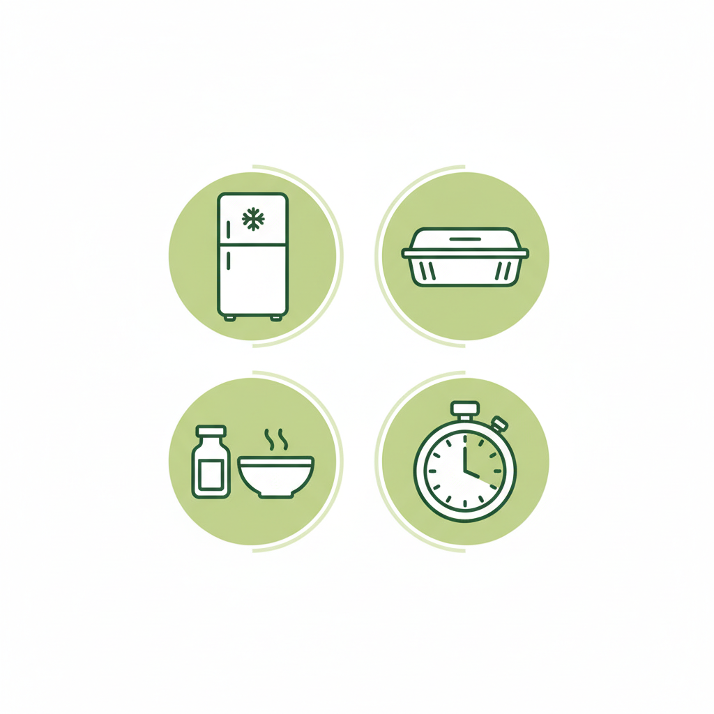 Minimalistische 2D-Infografik mit vier Vektoricons (Kühlschrank, luftdichter Behälter, separates Dressing, Uhr) in Markenfarben — couscous salat einen tag vorher zubereiten