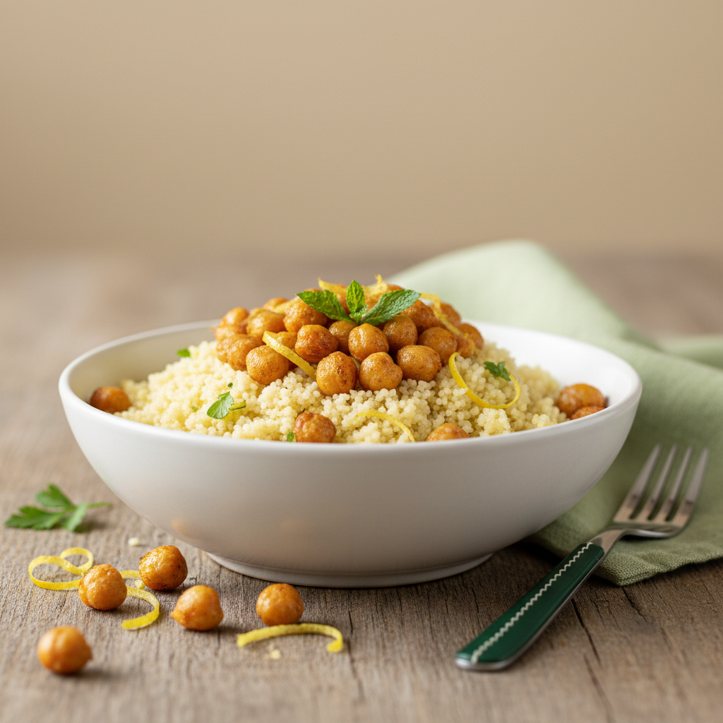 Nahaufnahme eines Couscous-Salats mit gerösteten Kichererbsen und Zitronenzesten in minimalistischem Setting, warme Beleuchtung – Couscous Salat würzen