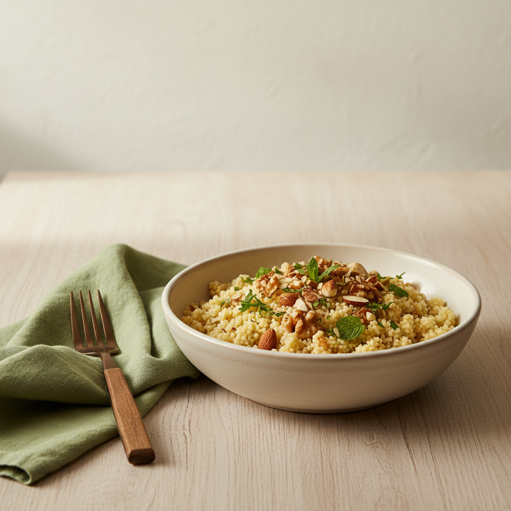 Schale mit Couscous, gerösteten Nüssen und frischen Kräutern in minimalistischem, heimeligem europäischen Küchen-Setup bei warmem Tageslicht. Wie bekommt man Geschmack an Couscous?