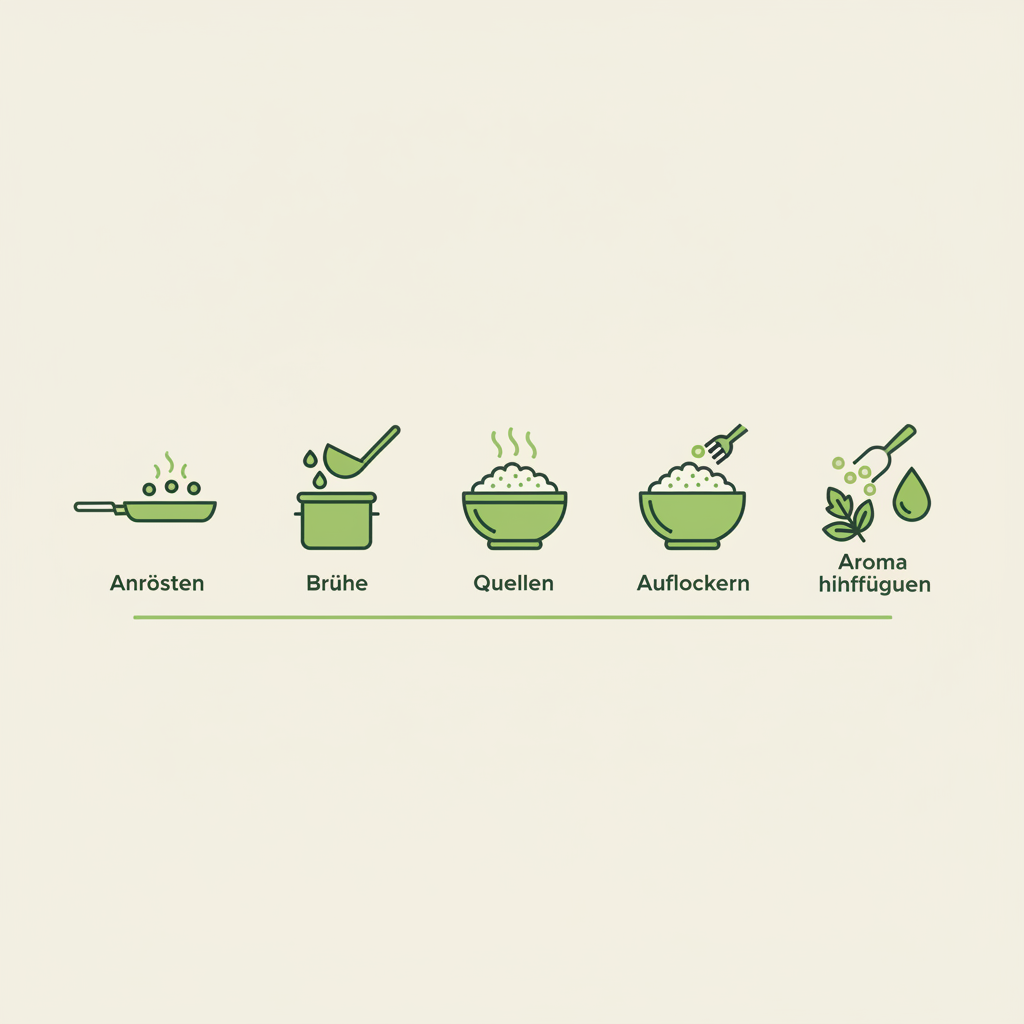 Minimalistische 2D-Vektor-Infografik mit fünf Icons (Anrösten, Brühe, Quellen, Auflockern, Aroma), passend zum Thema Wie bekommt man Geschmack an Couscous?