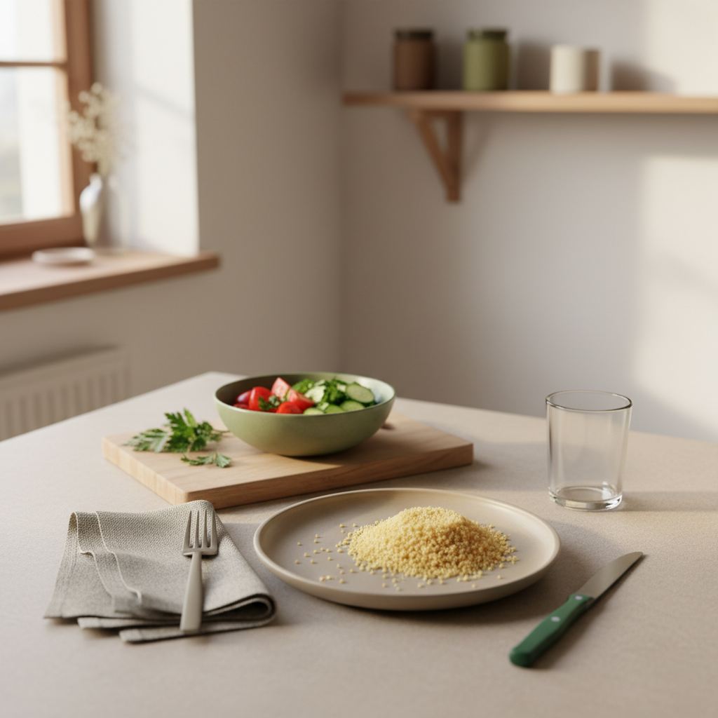 Minimalistisches, heimeliges Küchentisch-Setting mit Couscous und Beilagen in Markenfarben zeigt subtilen Nachteil von Couscous durch leicht trockene Textur.