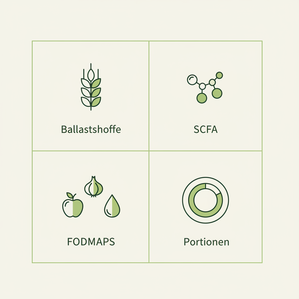 Minimalistische Vektor-Infografik zu Ballaststoffen, SCFA, FODMAPs und Portionen im Kontext Couscous Darm, flache Icons in Markenfarben.