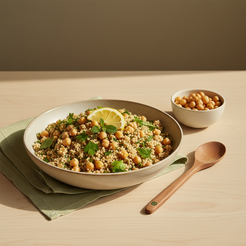 Hausgemachter Vollkorn-Couscous-Salat mit Kichererbsen und frischen Kräutern, warmes Licht und minimalistisches Setting auf #dbdbcf Hintergrund — Couscous Abnehmen