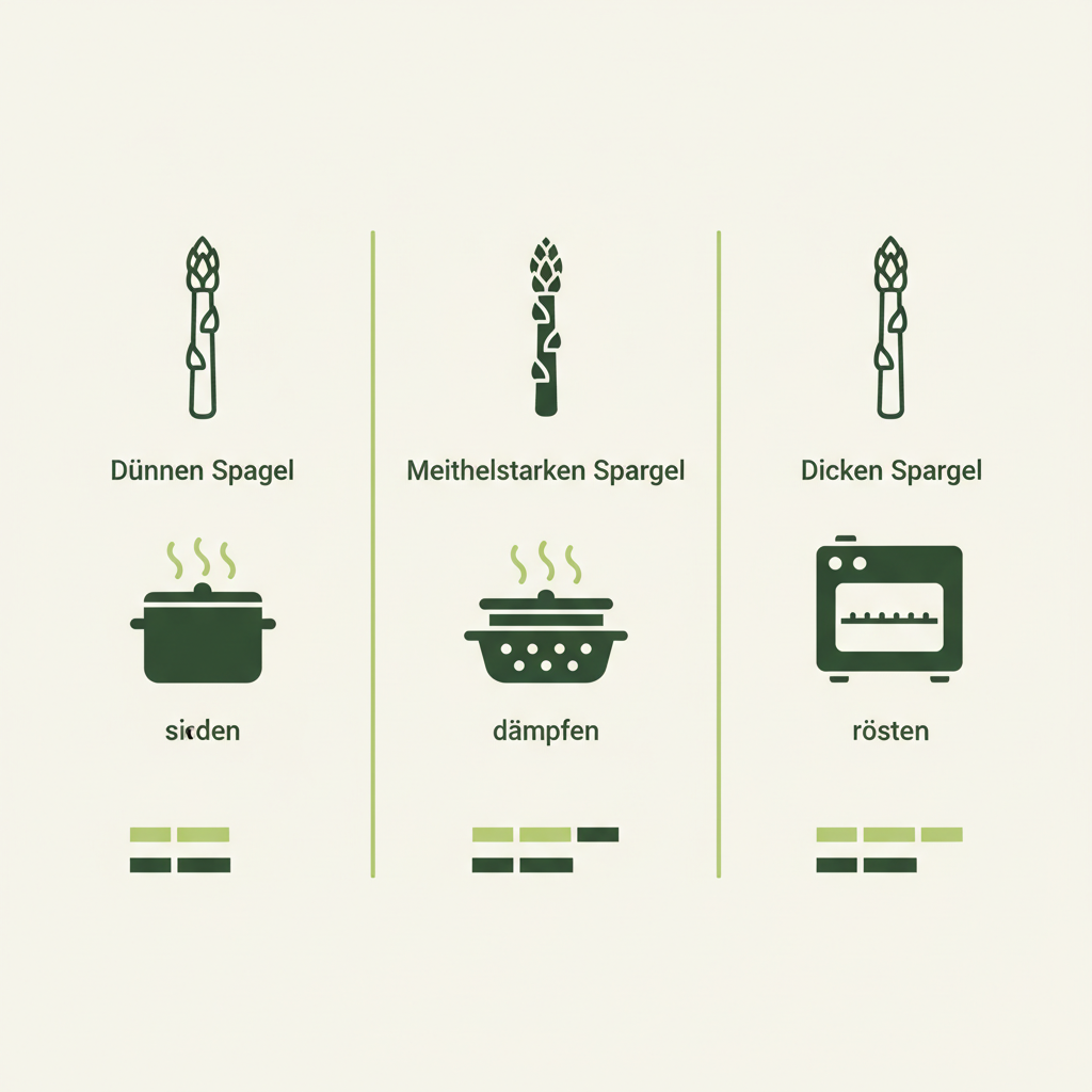 Minimalistische 2D-Vektorinfografik zum Spargel kochen: drei Spargelstärken mit Icons für sieden, dämpfen und rösten sowie visuellen Zeitbereichen.