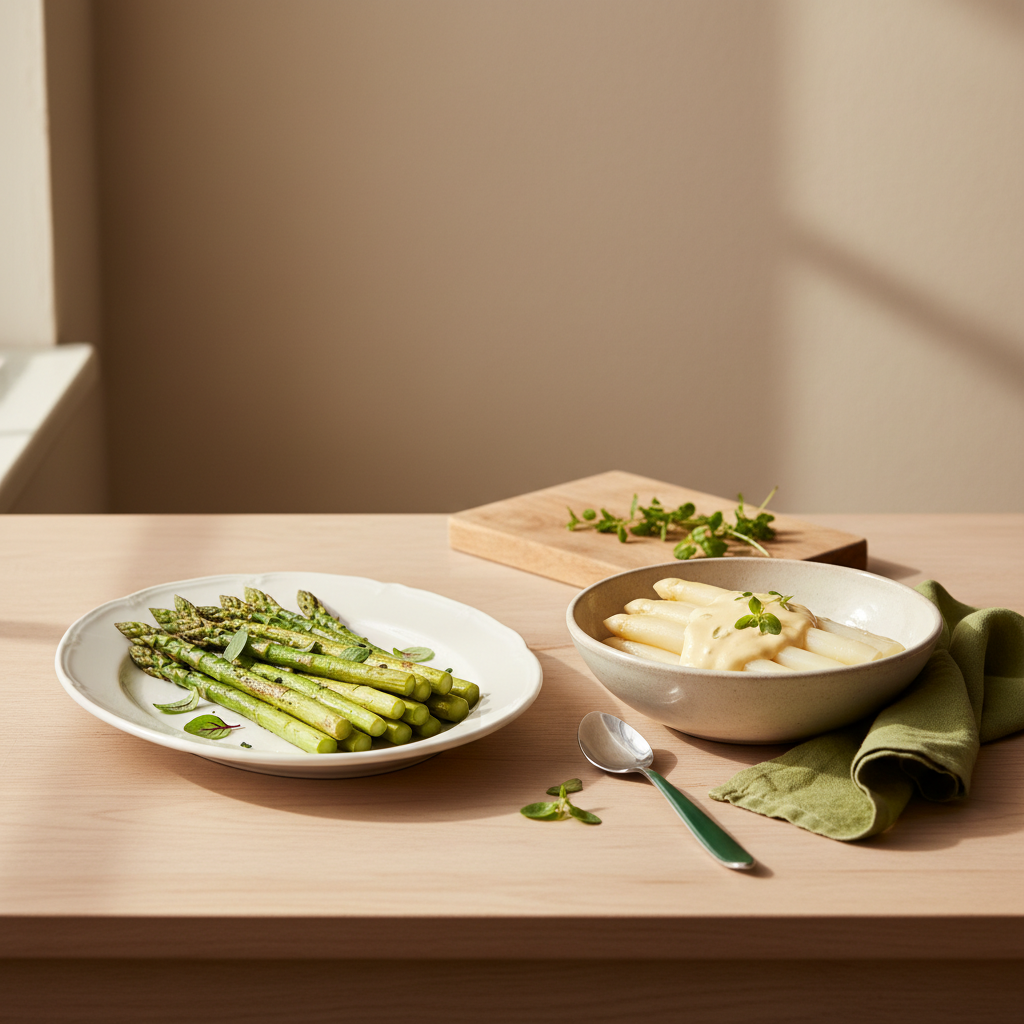 Minimalistische Küchenaufnahme mit gebratenem grünem Spargel und weißem Spargel mit Hollandaise auf hellem #dbdbcf-Hintergrund – Spargel kochen in heimischer Atmosphäre