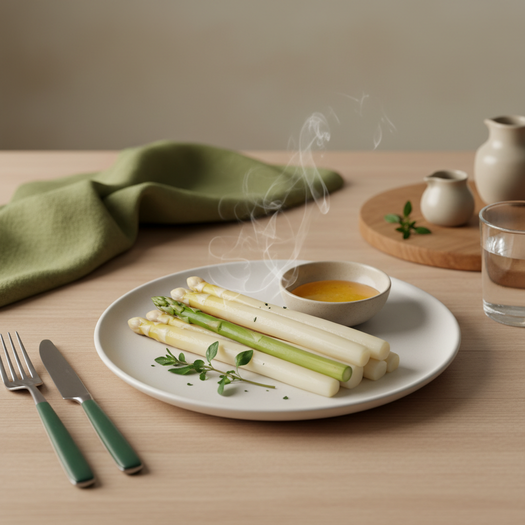 Nahaufnahme von gedämpftem Spargel auf schlichtem Teller in warmer heimischer Küche – Spargel dämpfen oder kochen, minimalistisch, Markenfarben.
