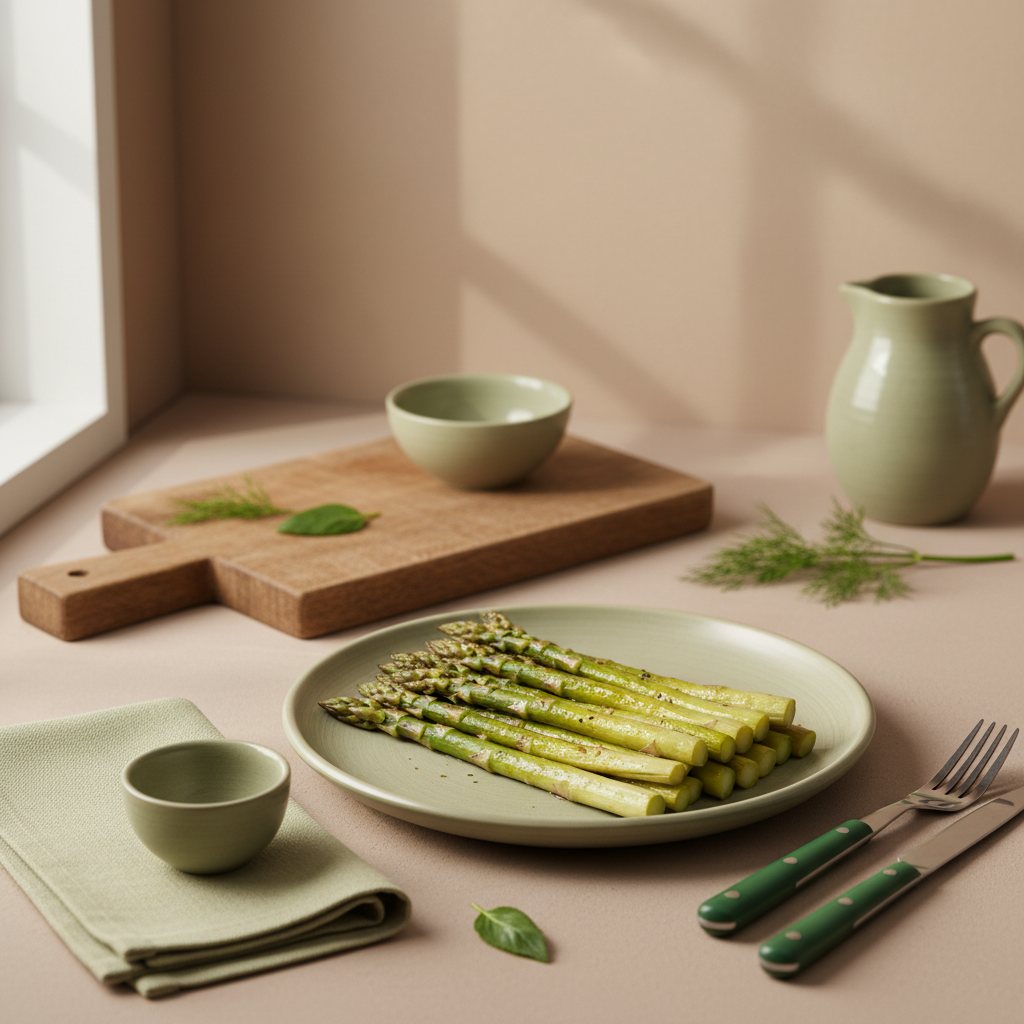 Vollbild eines fertigen Spargelgerichts auf Teller in einer heimeligen europäischen Küche, minimalistisch und warm inszeniert, dezente Markenfarben, Spargel übergaren
