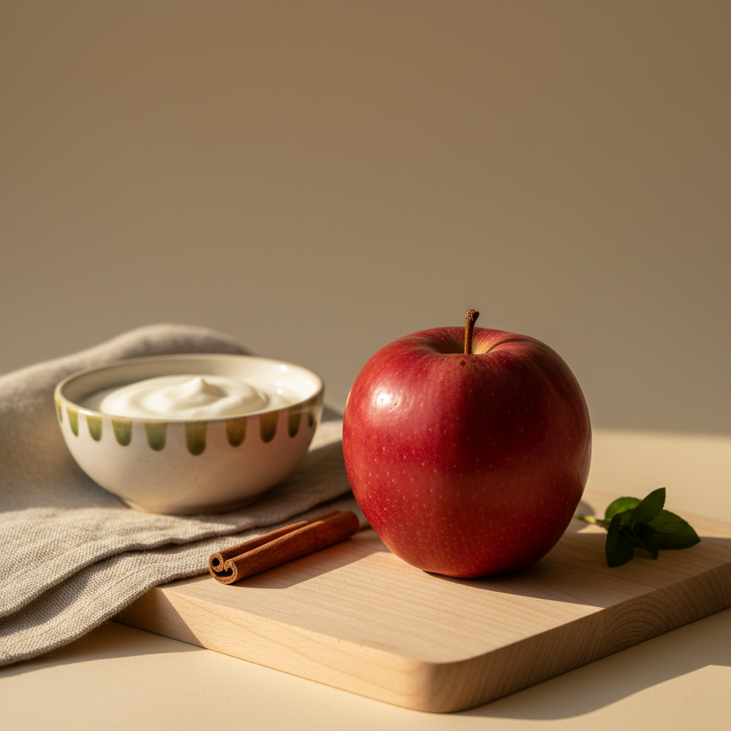 Roter Apfel auf Holzbrett neben Schälchen Naturjoghurt und Zimtstange vor #dbdbcf Hintergrund mit grünen Akzenten – Kalorien roter Apfel