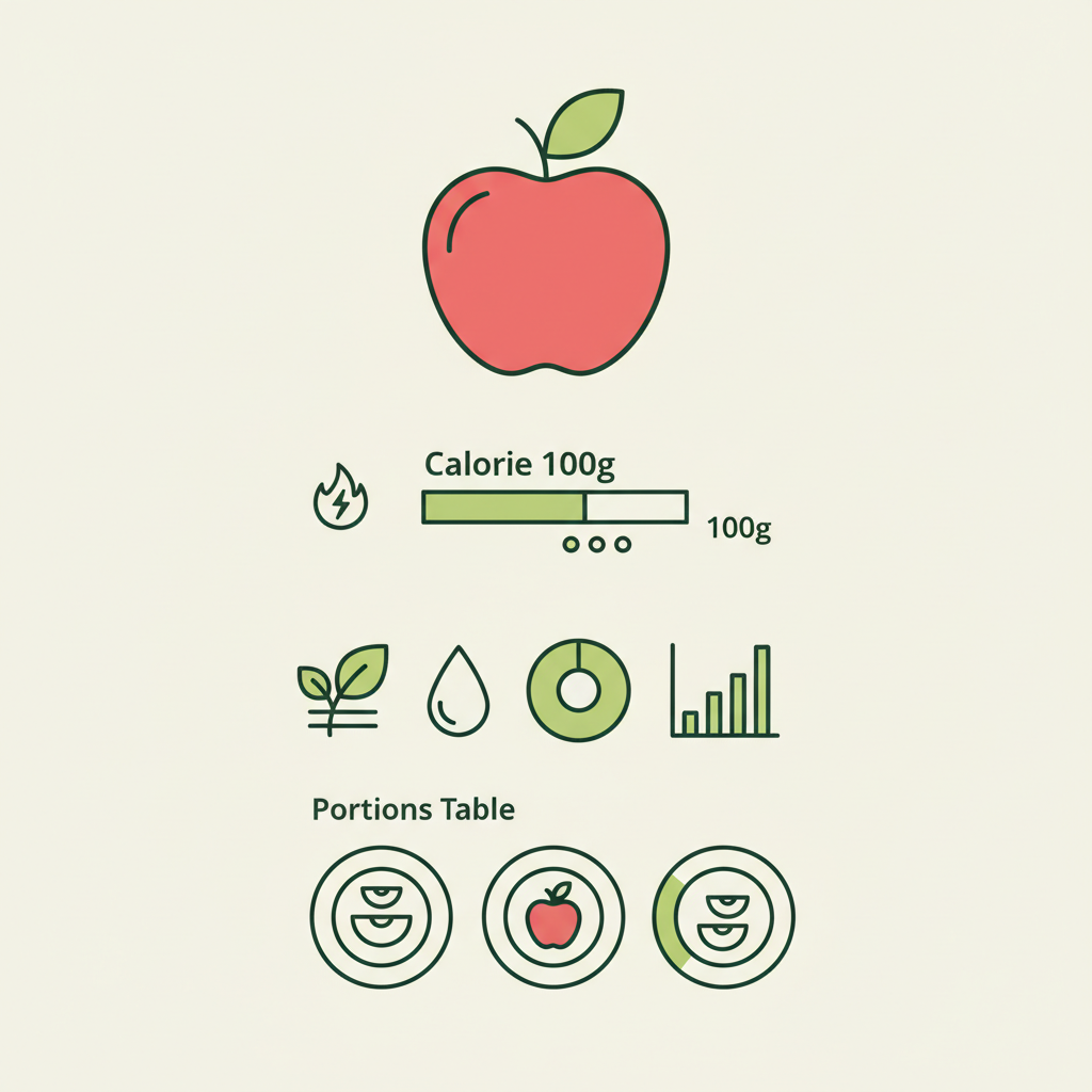 Minimalistische Vektor-Infografik zu Kalorien roter Apfel mit Icons für Energie, Ballaststoffe, Zucker und Portionsgrößen in Schnell Lecker Farben